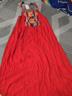 Red Boho Maxi Dress with Colorful Embroidered Bib